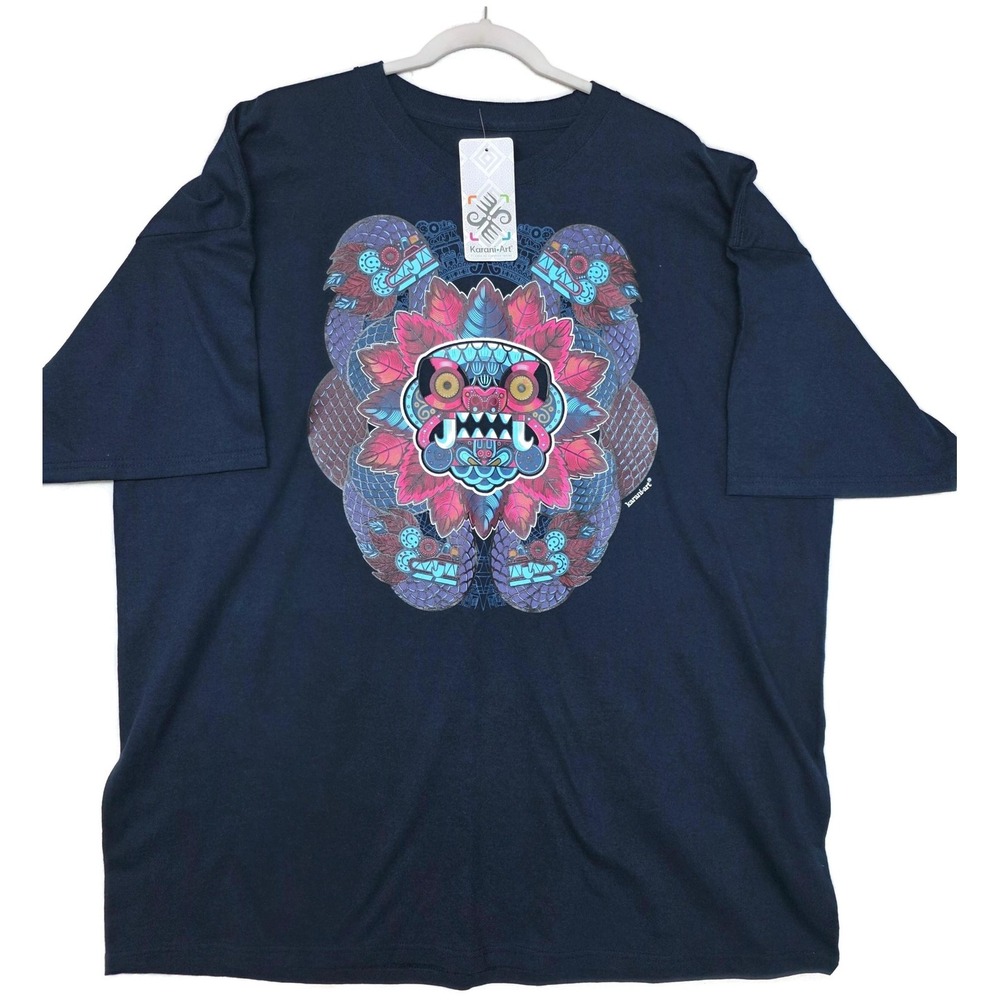 Karani Art Shirt Mens 3XL Blue Aztec‎ Jaguar Mask Graphic Mexican Tribal Tee